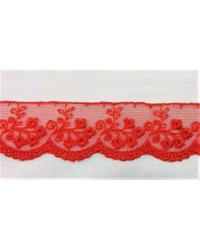 3,90 mt Passementerie tulle brodé pointe festonnée fleurs rouges 3 cm de haut
