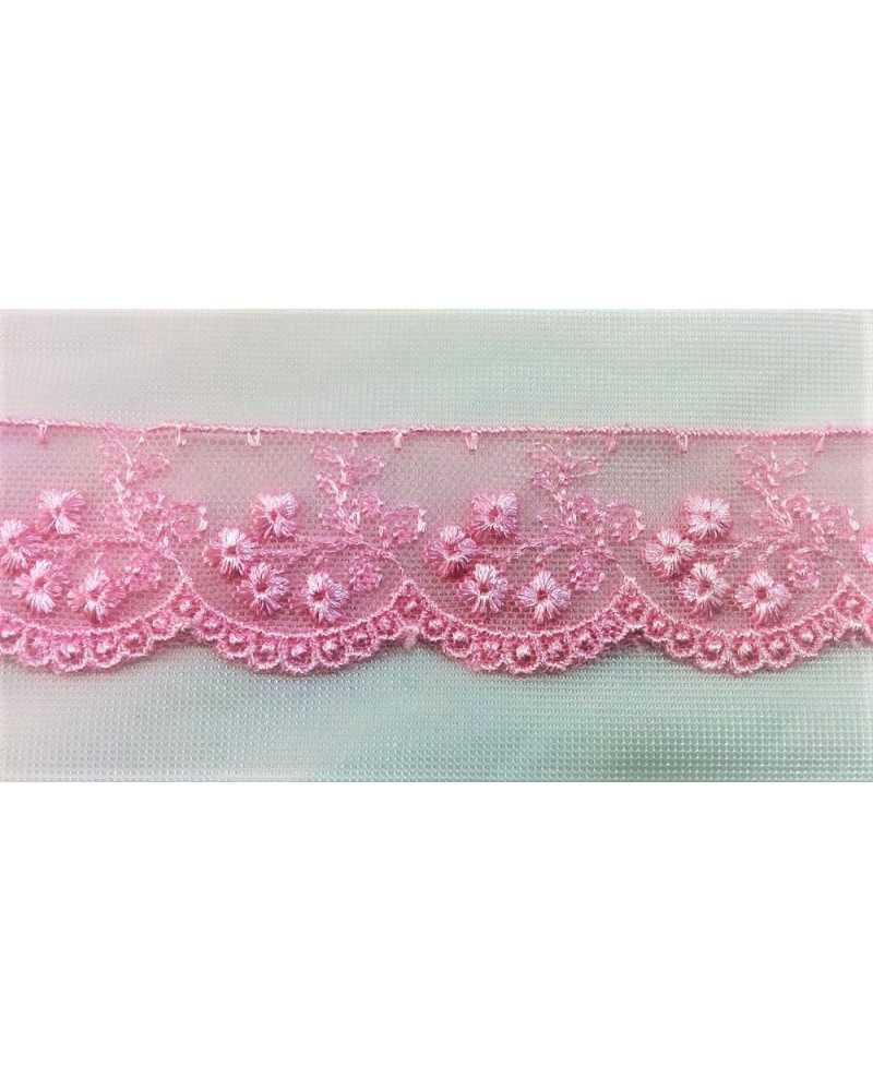 5,35 m Passementerie tulle brodé festonné coloris rose 3 cm de haut