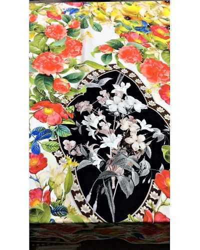 1,50 m Tissu en pure soie imprimée numérique à motif floral coloré avec médaillon central noir et blanc de 1,50 m de haut