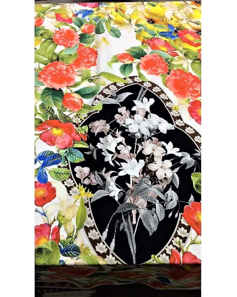 1.50 m Pure digital printed silk fabric with colored floral design with black and white central worked medallion 1.50 m high