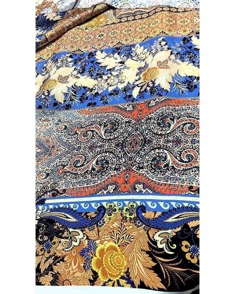 1,50 m Tissu imprimé numérique en pure soie avec motif à bandes travaillé avec des fleurs et du casmire 1,50 de haut
