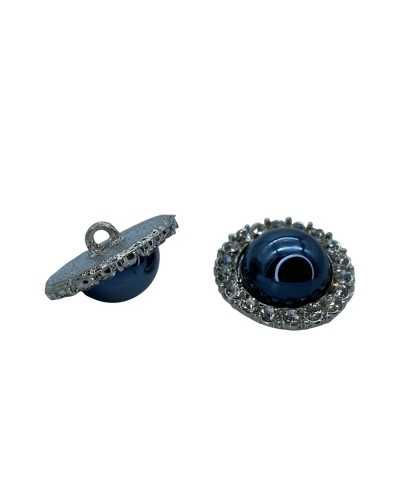Bottone Gioiello Bombato Corona Strass Alluminio Argento Gambo Perla Blu 23 Mm