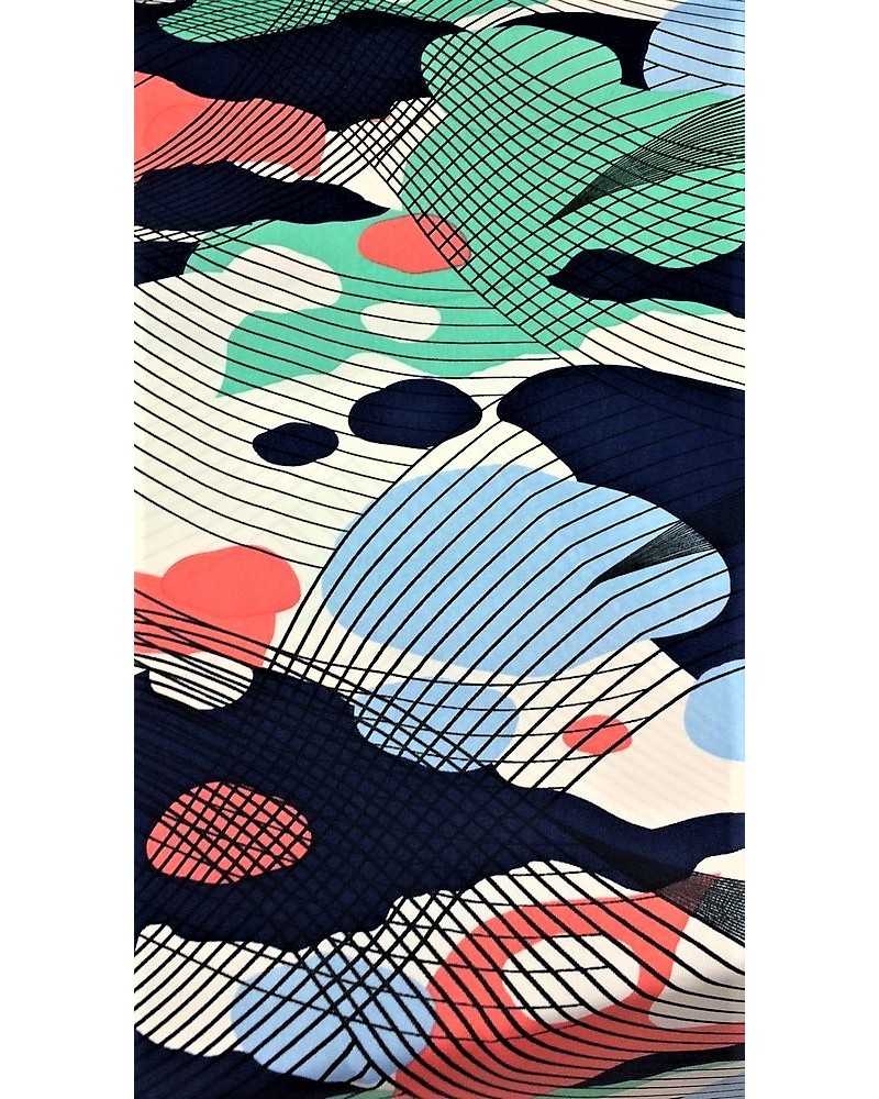 Tela jersey estampada en viscosa con diseño de lunares en azul tiffany verde coral y celestone de 150 cm de altura