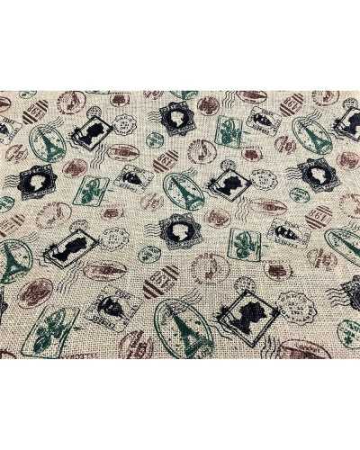 50 cm Hemp jute fabric printed design tower face numbers 150 cm high green brown and black