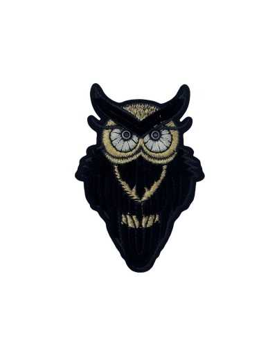 Application Ecusson Thermocollant Fil Lurex Métallique Broderie Velours Noir Hibou Strass Yeux 8x6 Cm