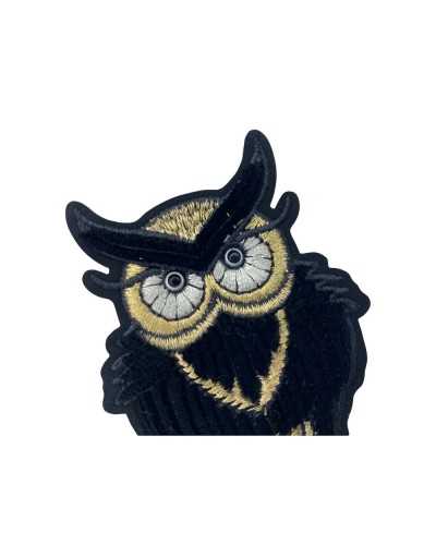 Application Ecusson Thermocollant Fil Lurex Métallique Broderie Velours Noir Hibou Strass Yeux 8x6 Cm