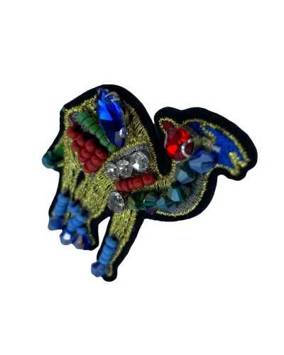 Applikation zum Aufbügeln, Kamelfarbene Strasssteine, goldgestickte Perlen, 6 x 4 cm