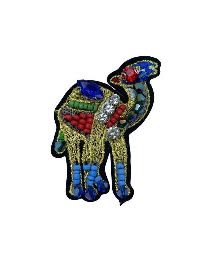 Applikation zum Aufbügeln, Kamelfarbene Strasssteine, goldgestickte Perlen, 6 x 4 cm