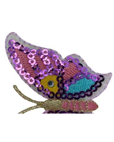 Patch Application Thermoadhésif Paillettes Marbet Brodé Strass Papillon Or Rose Cm 6x4,5