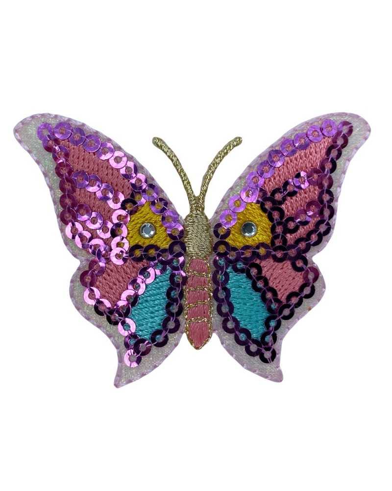 Thermoadhäsiver Aufnäher mit Marbet-Pailletten, bestickt, Roségold, Schmetterling, Strass, cm 6 x 4,5