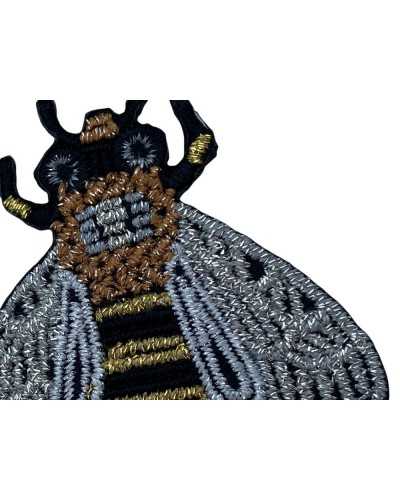 Thermoadhäsiver Applikationspatch Marbet Stickerei Schwarze Biene Silber Gold Lurex 4x4 cm