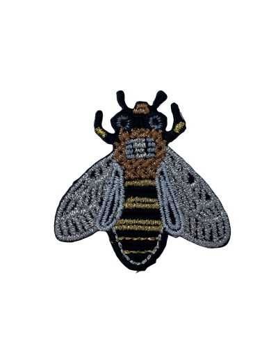 Parche Aplicación Termoadhesivo Bordado Marbet Abeja Negra Plata Oro Lurex 4x4 Cm