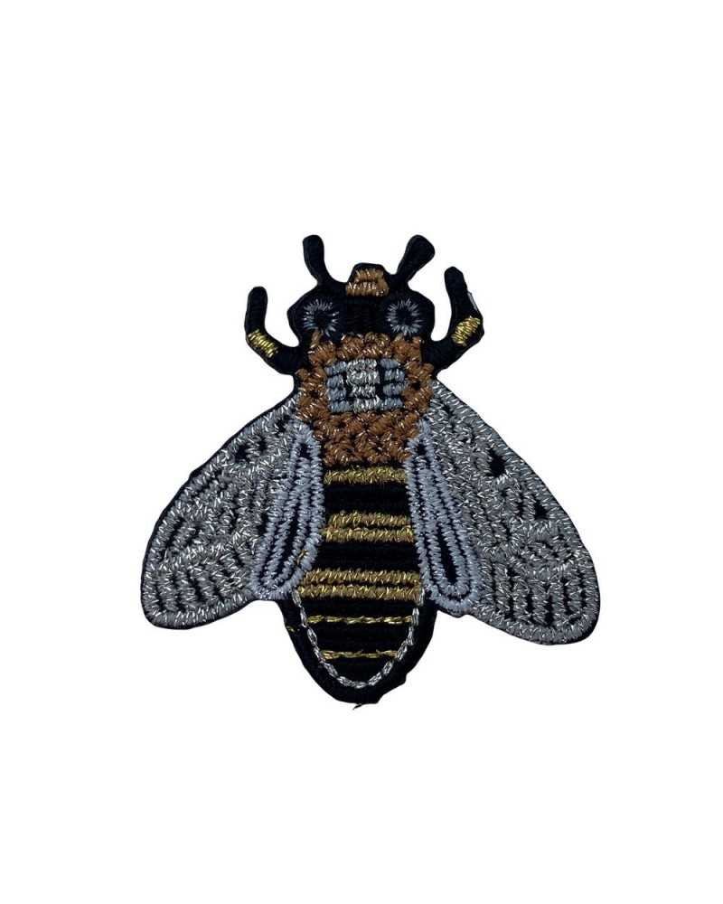 Parche Aplicación Termoadhesivo Bordado Marbet Abeja Negra Plata Oro Lurex 4x4 Cm