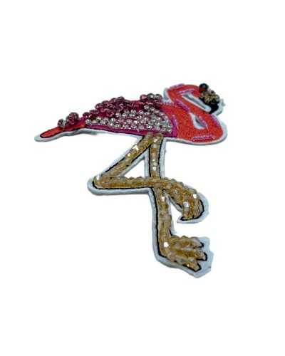 Application Iron-on Patch Pink Flamingo Embroidered Rhinestone Beads 15x9.5 Cm