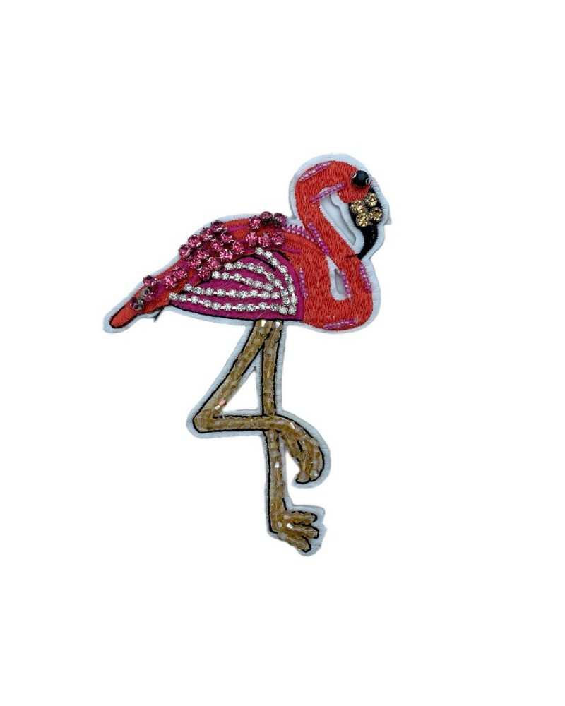 Application Ecusson Thermocollant Flamant Rose Brodé Perles Strass 15x9.5 Cm