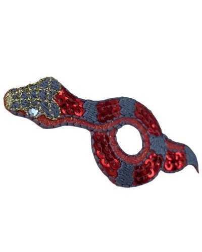 Thermoadhäsiver Applikationspatch Marbet Paillettenstickerei Grau Schlange Gold Rot 7x3 cm