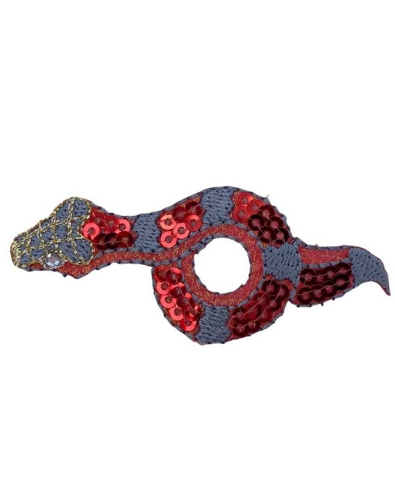 Parche Aplicación Termoadhesivo Bordado Lentejuelas Marbet Gris Serpiente Oro Rojo 7x3 Cm