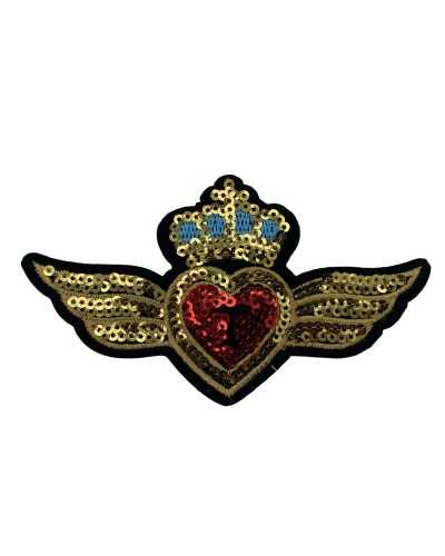 Aufnäher zum Aufbügeln, Stickerei, Herz, Krone, Flügel, goldene Mikro-Pailletten, 11 x 6 cm