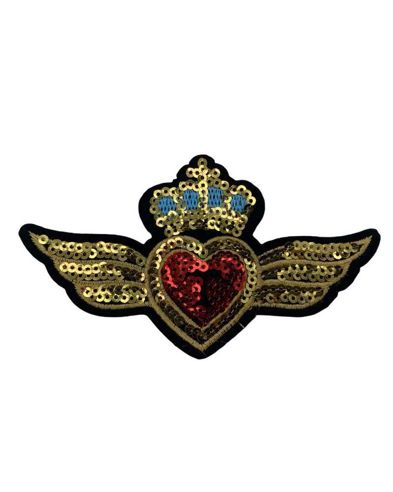 Aufnäher zum Aufbügeln, Stickerei, Herz, Krone, Flügel, goldene Mikro-Pailletten, 11 x 6 cm