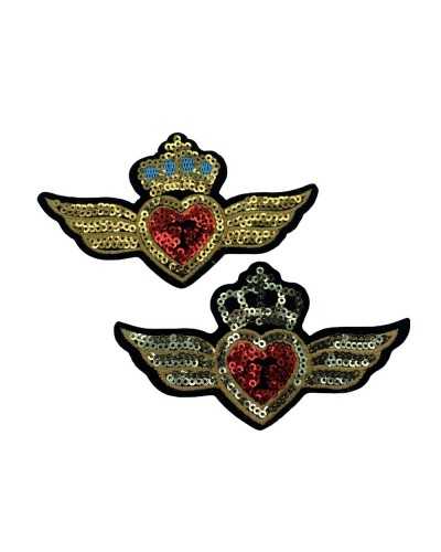 Application Ecusson Thermocollant Broderie Coeur Couronne Ailes Doré Micro Paillettes 11x6 Cm