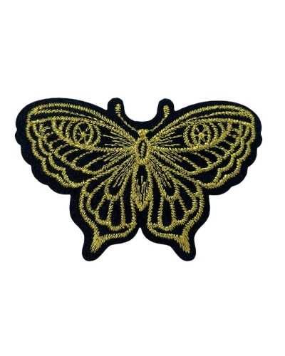 Thermoadhäsive Anwendung Marbet Patch Stickerei Lurexfaden Schmetterling Schwarz Gold Basis 6x4,5 cm