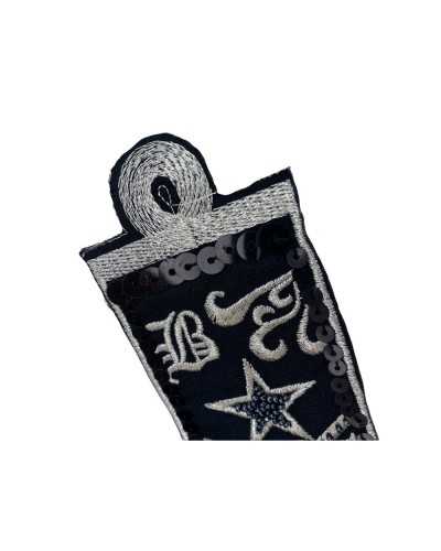 Applicazione Termoadesiva Patch Grado Militare Ricamo Filo Lurex Argento Paillettes Perline Cucite Cm 11x5