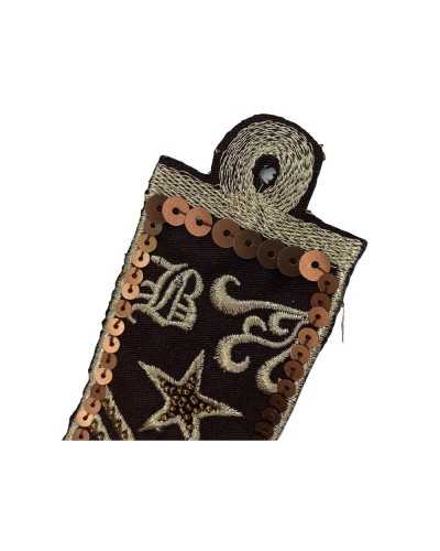 Application Thermoadhésive Ecusson Marron Fil Doré Broderie Perles Étoiles Paillettes 11x5 Cm
