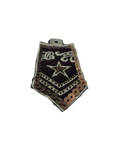 Thermoadhäsive Applikation, brauner Patch, Goldfaden, Stickerei, Stern, Perlen, Pailletten, 11 x 5 cm