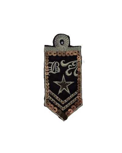 Thermoadhäsive Applikation, brauner Patch, Goldfaden, Stickerei, Stern, Perlen, Pailletten, 11 x 5 cm