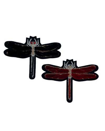 Application Ecusson Ecusson Thermocollant Broderie Fil Lurex Libellule Velours Yeux Strass 9x7 Cm