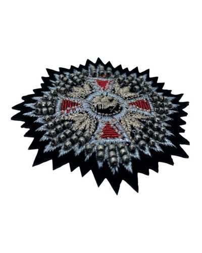 Application Ecusson Ecusson Thermocollant Blason Rosace Croix Perles Fil Lurex Métallique Rouge Cuivre Argent 7x7 Cm