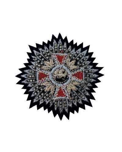 Applikationsflicken zum Aufbügeln, Wappen, Rosenfenster, Kreuz, Perlen, Metallic-Lurex-Faden, Rot, Kupfer, Silber, 7 x 7 cm