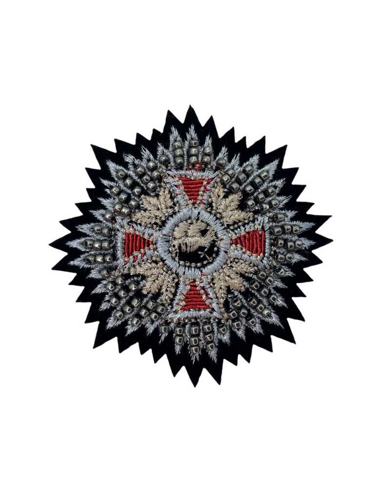 Application Ecusson Ecusson Thermocollant Blason Rosace Croix Perles Fil Lurex Métallique Rouge Cuivre Argent 7x7 Cm