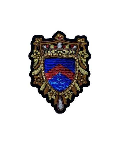 Anwendung Aufnäher zum Aufbügeln, Stickerei, Wappen, Faden, Lurex-Strasssteine, Perlen, 75 x 65 mm