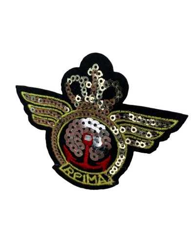 Ecusson Thermocollant Application Broderie Ancre Rouge Couronne Ailes Micro Paillettes Dorées 7x8 Cm