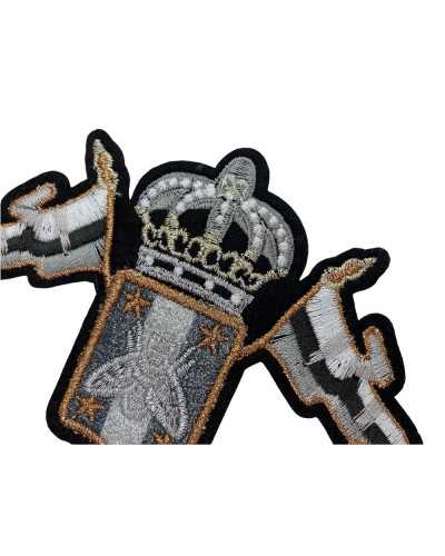 Applikationspatch zum Aufbügeln, Stickerei, Wappen, Krone, Flaggen, Metallfaden, 12 x 8 cm