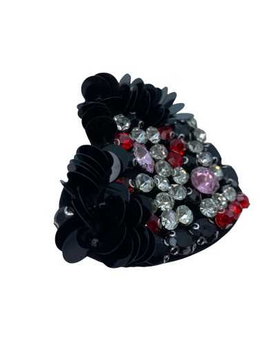 Patch Thermoadhésif Coeur Paillettes Strass Fond Noir 70x65 Mm