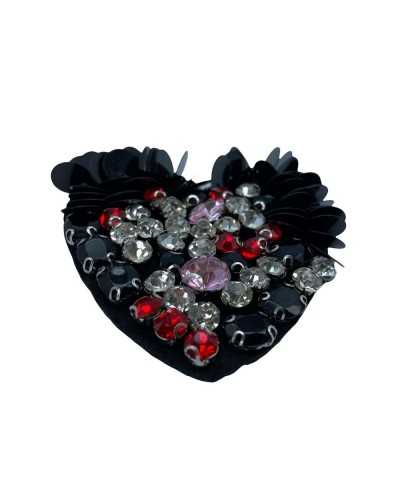 Patch Thermoadhésif Coeur Paillettes Strass Fond Noir 70x65 Mm