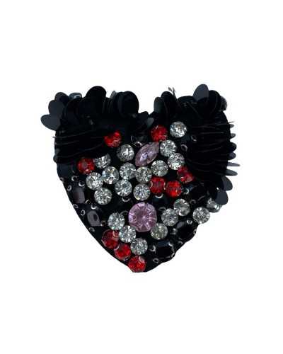 Aplicación Parche Termoadhesivo Corazón Lentejuelas Strass Fondo Negro 70x65 Mm