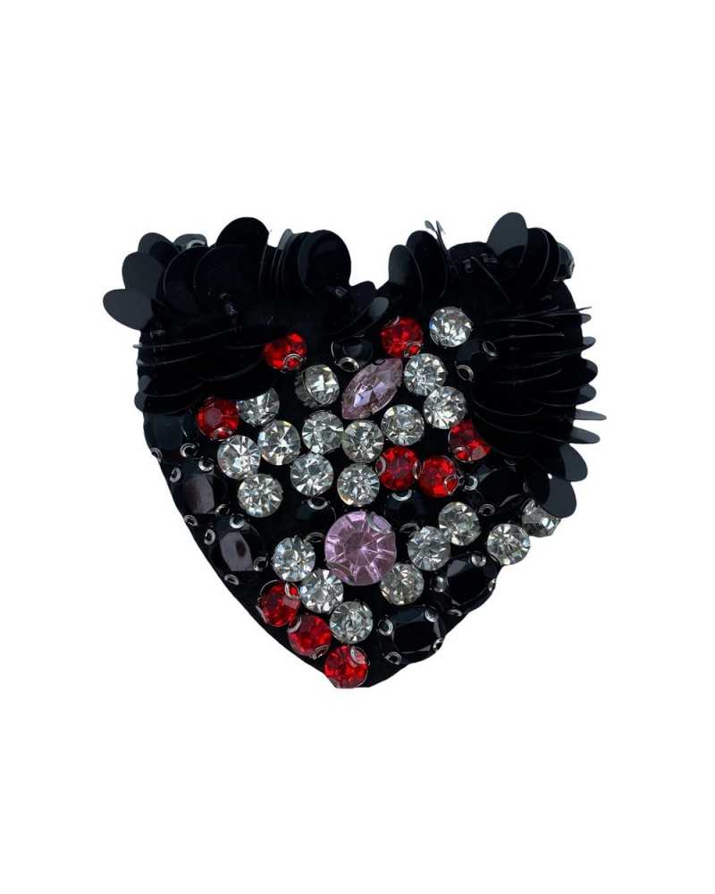 Patch Thermoadhésif Coeur Paillettes Strass Fond Noir 70x65 Mm