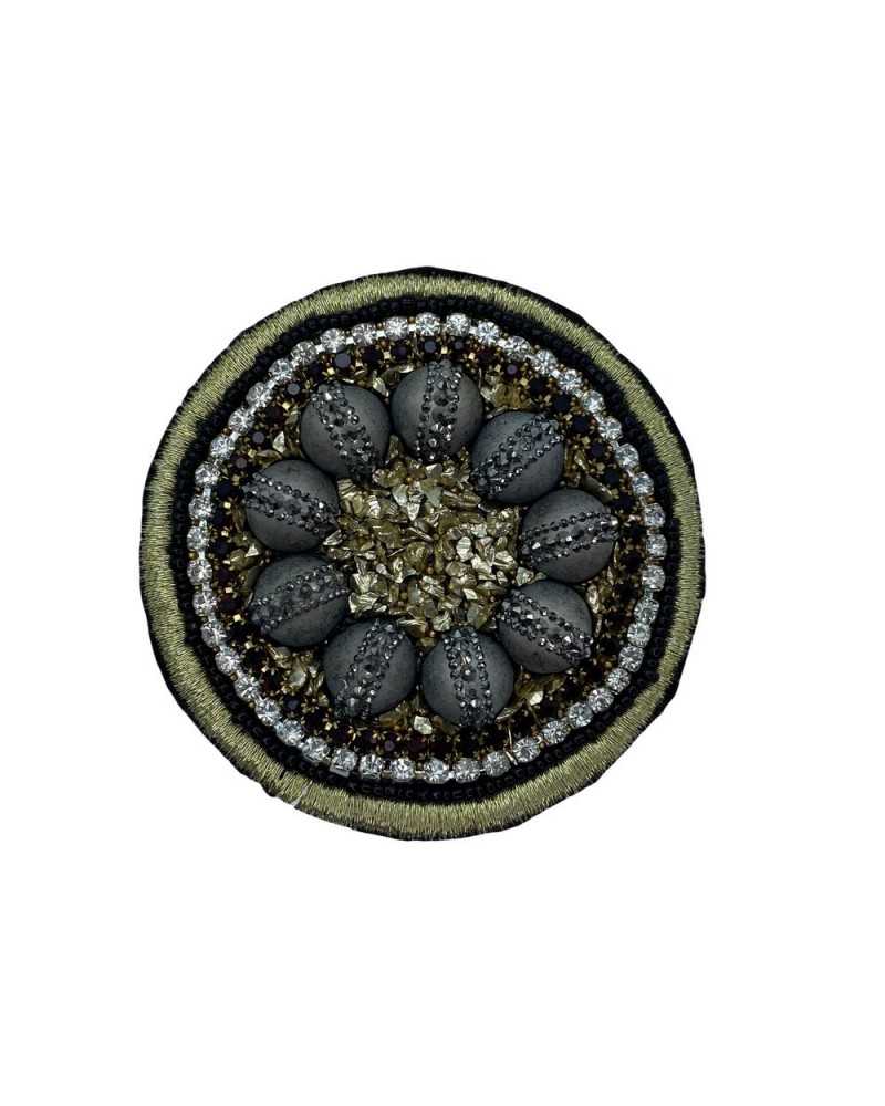 Ecusson thermocollant rond avec strass noir argent doré et perles grises 6x6 cm