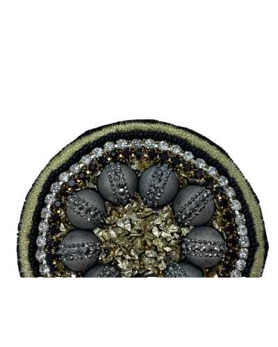 Ecusson thermocollant rond avec strass noir argent doré et perles grises 6x6 cm