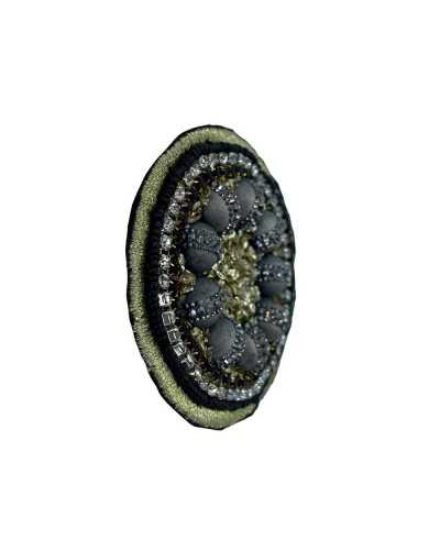 Ecusson thermocollant rond avec strass noir argent doré et perles grises 6x6 cm