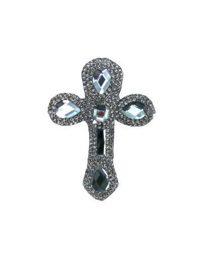 Application Thermocollante Argent Patch Strass Croix 75x60 Mm