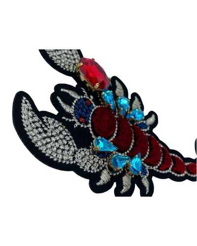 Application Thermocollante Ecusson Scorpion Fil Argent Broderie Velours Strass Pierres Cousues 19.5x7 Cm