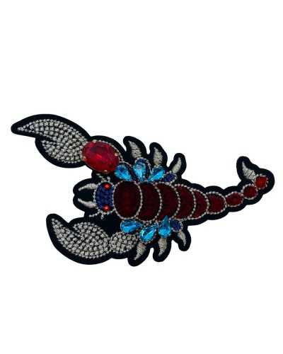 Skorpion-Patch zum Aufbügeln, silberne Fadenstickerei, Samt, Strasssteine, aufgenähte Steine, 19,5 x 7 cm