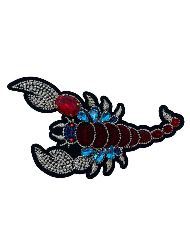 Application Thermocollante Ecusson Scorpion Fil Argent Broderie Velours Strass Pierres Cousues 19.5x7 Cm