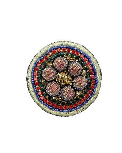 Iron-on patch embroidered rosette with metal thread and round beads 5x5 cm