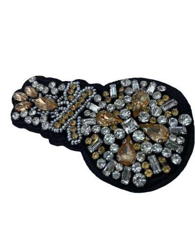 Applicazione Cucibile Stemma Toppa Strass Argento Cabochon Pietre Cucite 10x5 Cm