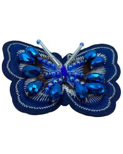 Application Tissu Bleu Broderie Fil Lurex Papillon Perles Pierres 8x7 Cm